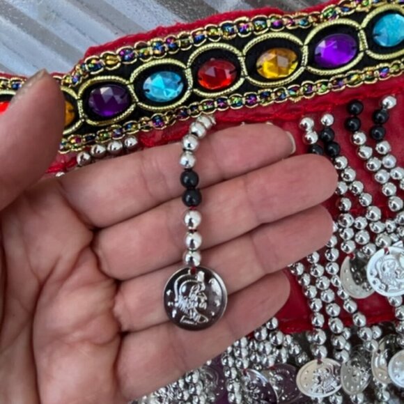 Chiffon Red Belly Dance Hip Scarf Colorful Gems Silver Coins and Bead Wrap Skirt - Picture 5 of 10